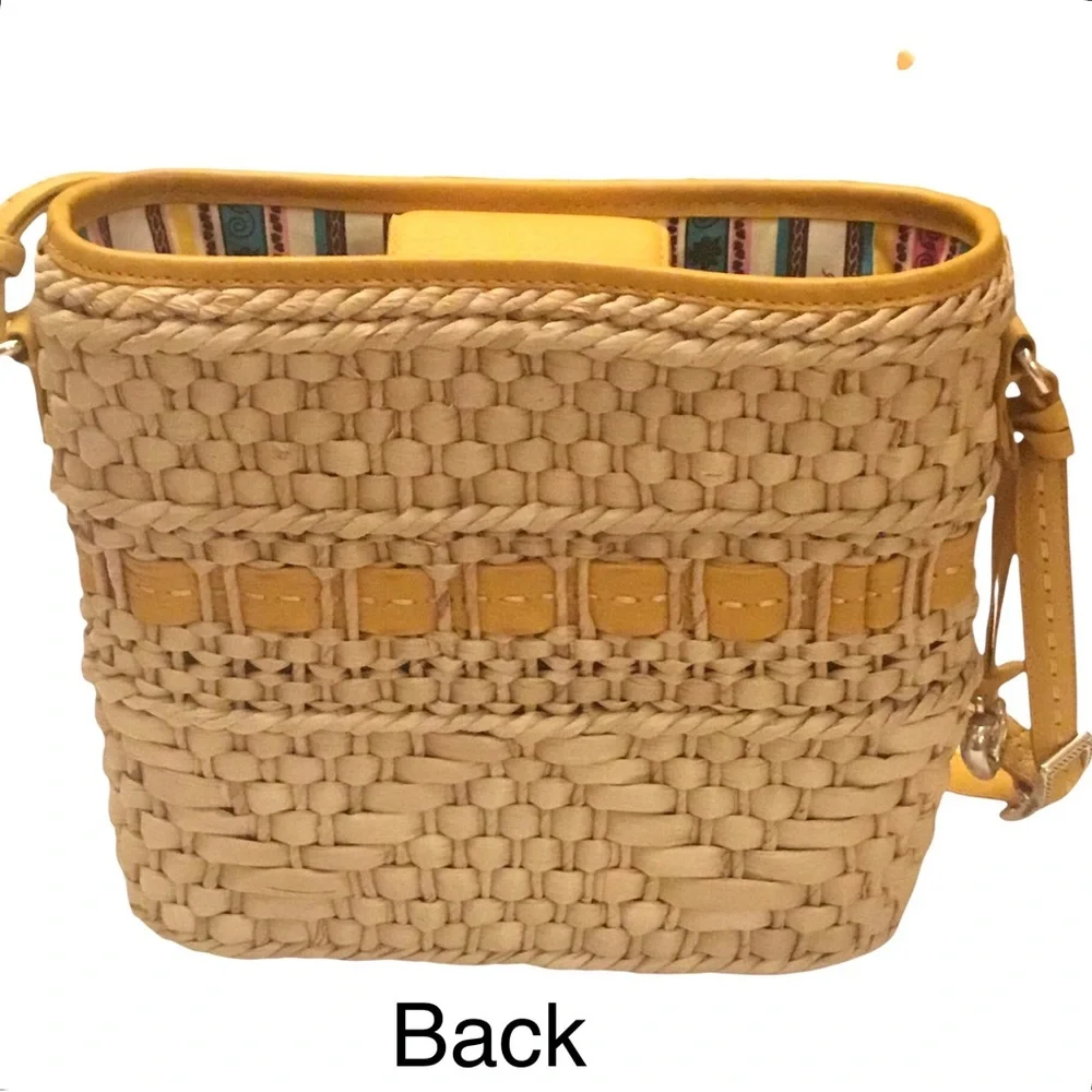 Brighton Carmella Straw Crossbody Yellow Leather Trim Medium Bucket Shoulder Bag